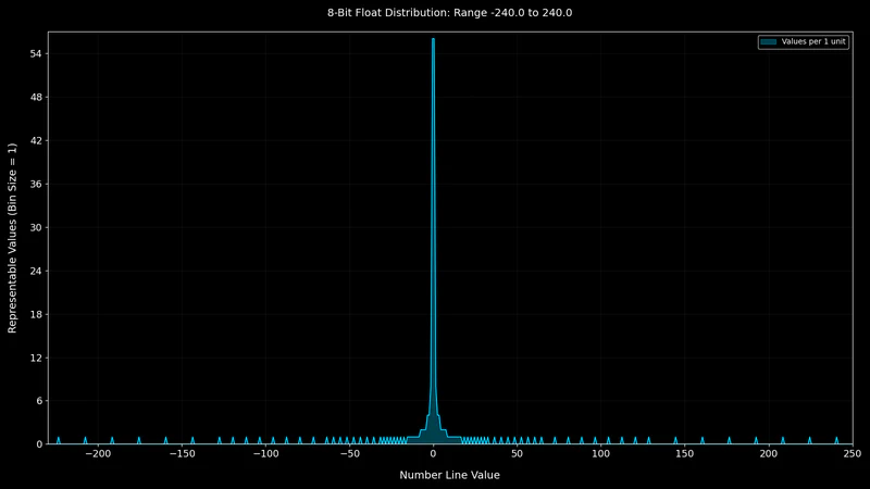 Distribution of representable numbers for an 8-bit float with 4 exponent bits and 3 mantissa bits - every 1.0.